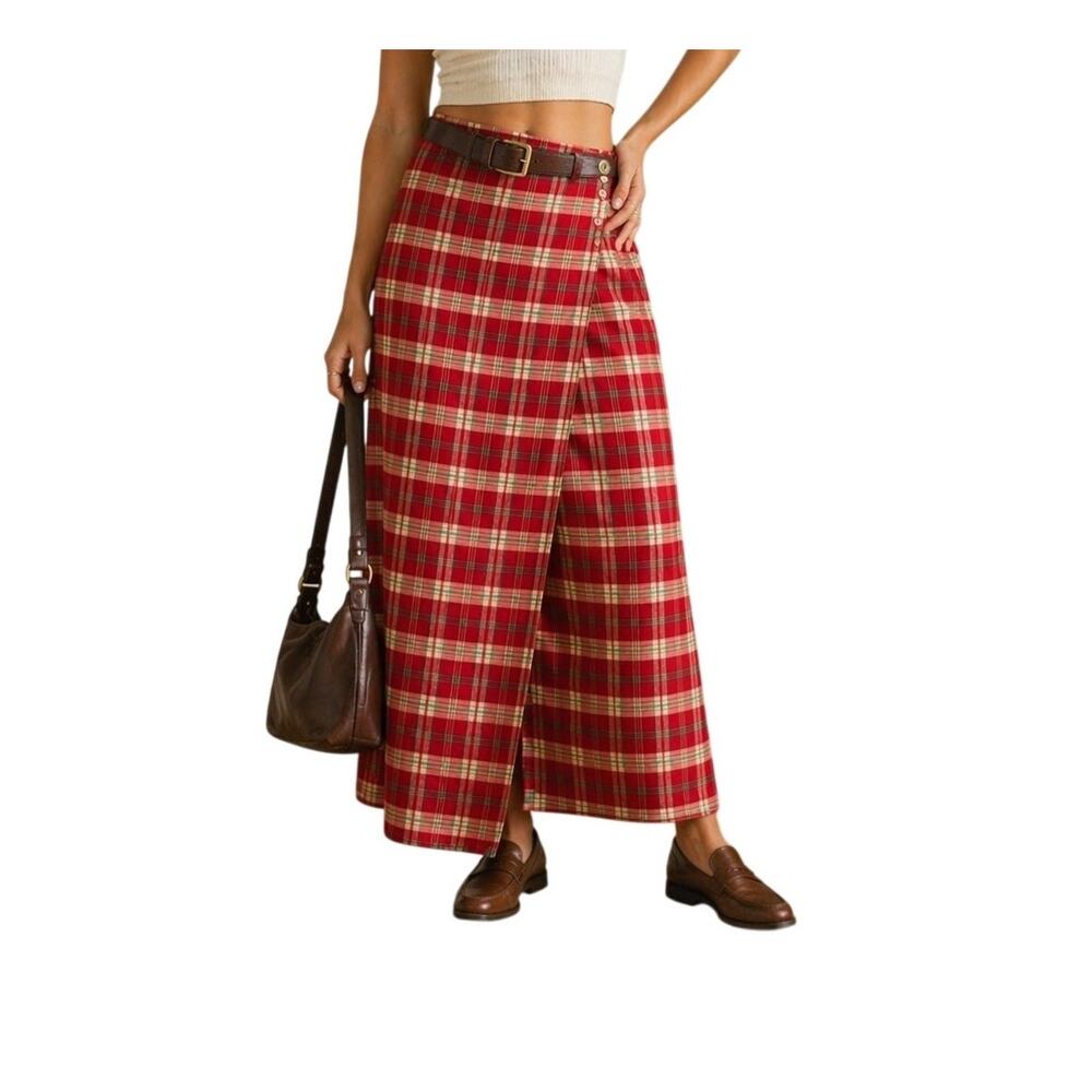 Vintage 90s Sun River Red Plaid Wrap Skirt Tartan Cotton Midi Pencil Skirt M
